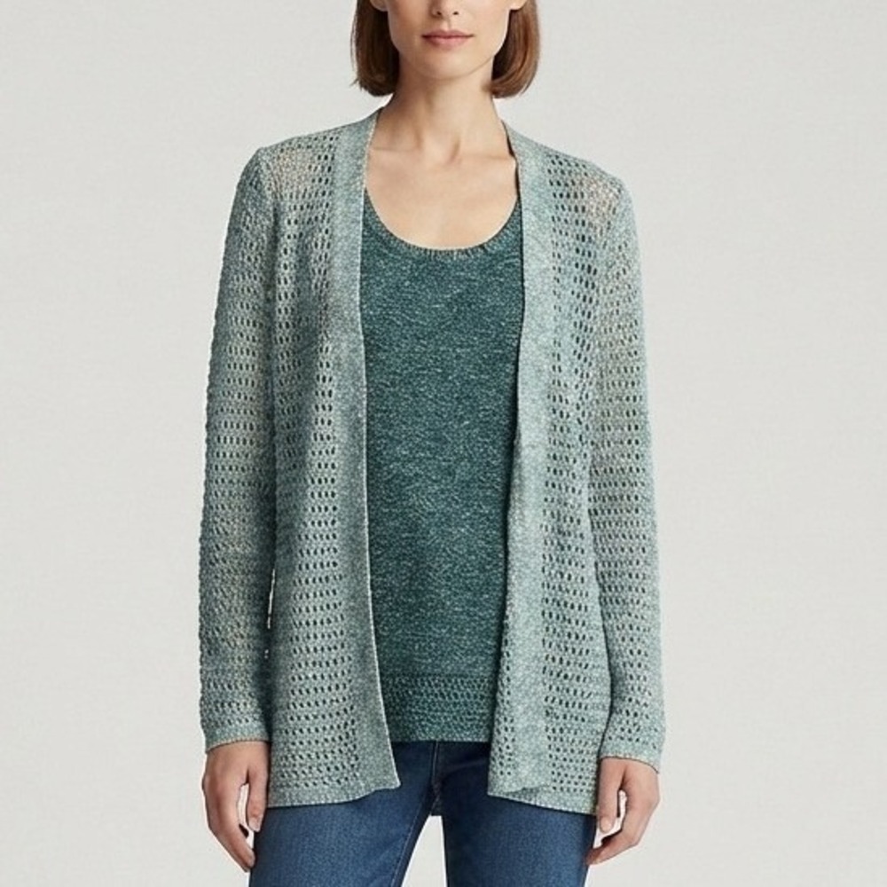 J. Jill Wearever Green Fishnets Marled Knit 2-Piece Cardigan & Tank Set Petite S